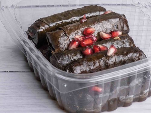 grape leaves with Pomegranate - It is the yalanji, which is devoid of meat, and uses only rice and vegetables, with pomegranate sauce