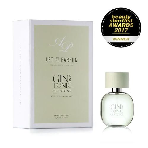 GIN AND TONIC COLOGNE - UNISEX - EXTRAIT DE PARFUM 50ML  Top notes are Juniper Berries, Grapefruit, Lemon Zest and Cucumber middle note is Gin base notes are Cedar, White Musk, Ambergris, Vetiver and Incense