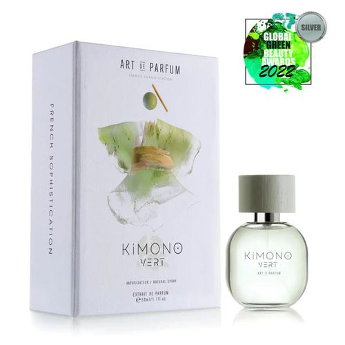 KIMONO VERT - UNISEX - EXTRAIT DE PARFUM 50ML  Top notes are Mint, Metallic notes, Violet Leaf, Eucalyptus, Bergamot and Plum  middle notes are Water Notes, Green Tea, iris, Geranium and Magnolia base notes are Cedarmoss, Cedar and Patchouli.