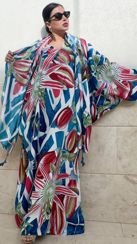 Shall&dress - فستان قطن كشمير فري سايز أوفر سايز مع شال حجم كبير الطول التقريبي 54-55 إنش