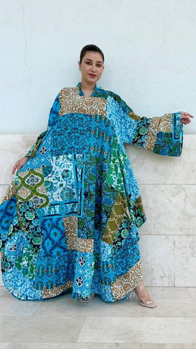 cotton dress - فستان كريب حرير مع حزام داخلي واسع فري سايز أوفر سايز الطول التقريبي 54