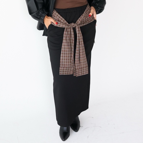 Plaid Tie Waist Black Skirt