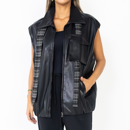 Black Plaid Leather Vest