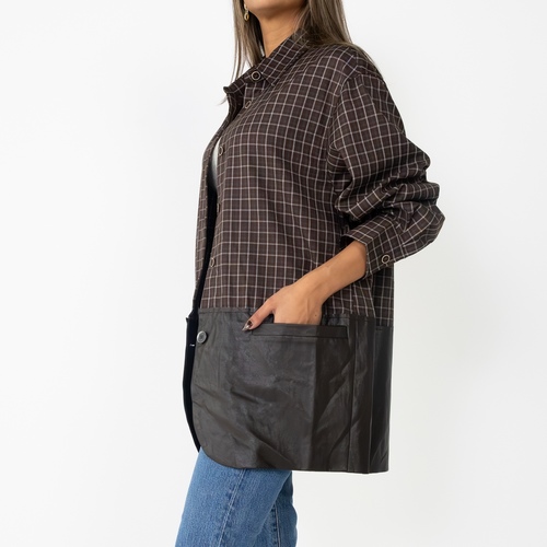 Plaid Leather Mix Jacket Brown