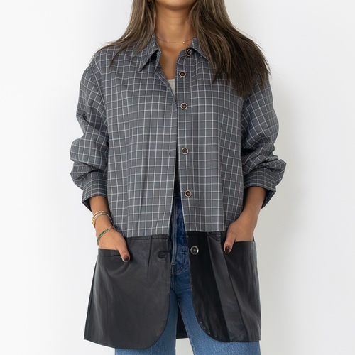 Plaid Leather Mix Jacket Black