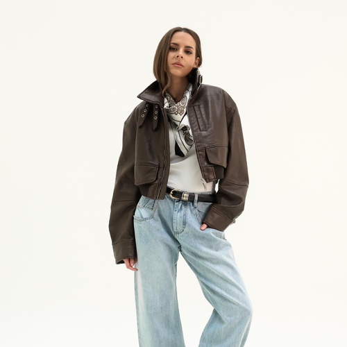 Cropped Leather brown Jacket