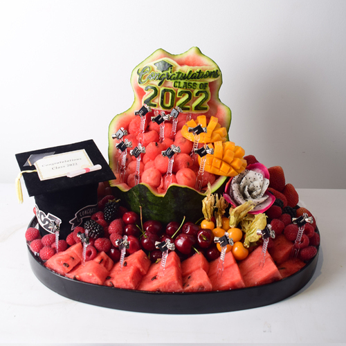 Graduation fruit tray - Graduation Fruit tray with Watermelon carving,fresh fruits and graduation cap box with chocolates.