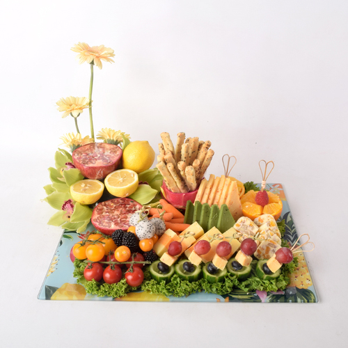 Fresh Couture - for you my mother 7 - tray of cheese platter with lemon, pomegranate, orange, cheery tomato, blackberry, grapes, blackberry, cucumber, baby carrot, bread, and fresh cympibium and gerbera flower.