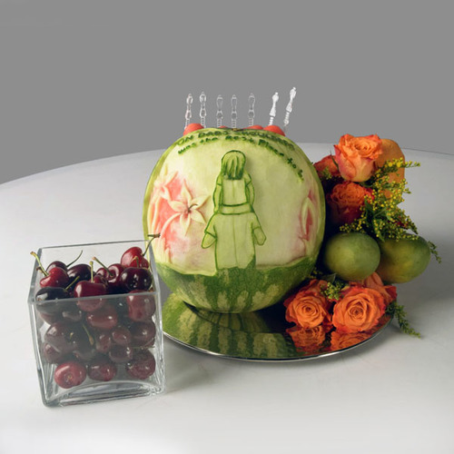 Baba Feen 4 - Father's day silver tray with fresh roses flowers, glass of cherry with mango and watermelon carving.