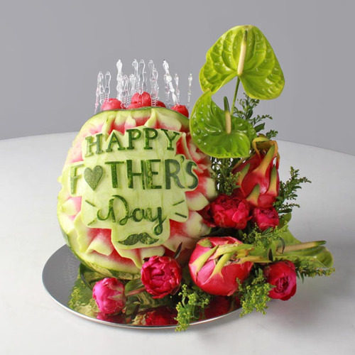 Baba Feen 3 - fathers day silver tray with fresh roses flowers and anthorium with dragon fruit and watermelon carving.