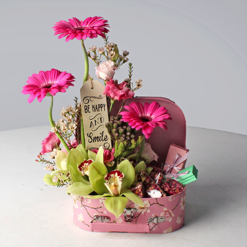 Mon Amoure 7 - Box decorated with fresh gerbera, wax flower, bronea, cymbidium flowers ,chocolates, and wood frame.