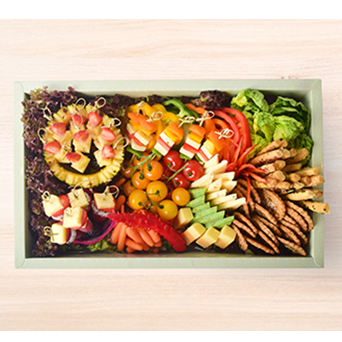 Cheese box tray - Gourmet by fresh couture cheese platter with bread, fruits and vegetables.