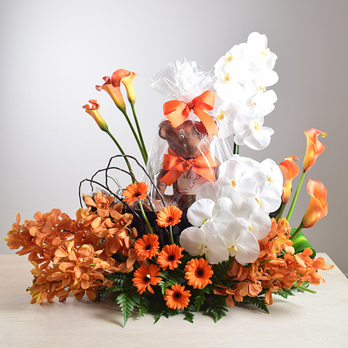 Baby - Chocolate
  Teddy Bear with costumized name with a decoration of fresh Phanaelopsis ,
  Gerbera, calla and baby orchid flowers on a tray with chocolates.