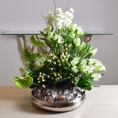 someone special 2 - silver
  tray with chocolates and a decoration of fresh anthorium, matola, astomeria
  and hypericum