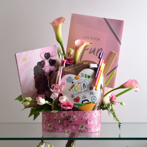 Back to school 1 - Back
  to school big heart chocolate with school supplies and fresh lisianthus and
  calla flowers.