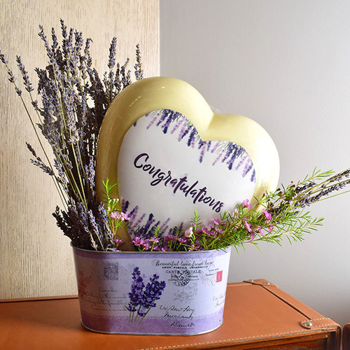 Congratulations - Congratulations
  big heart white chocolate with a decoration of fresh lavender and wax flowers
  on a tin can box.