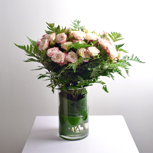 my flower 3 - glass
  vase with fresh roses and gypsophilia flowers with eucalyptus leaves.