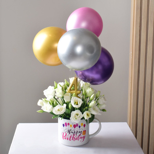 Birthday - Happy
  Birthday Mug with a decoration of fresh Lisianthus flowers and 4 pcs Ballons.