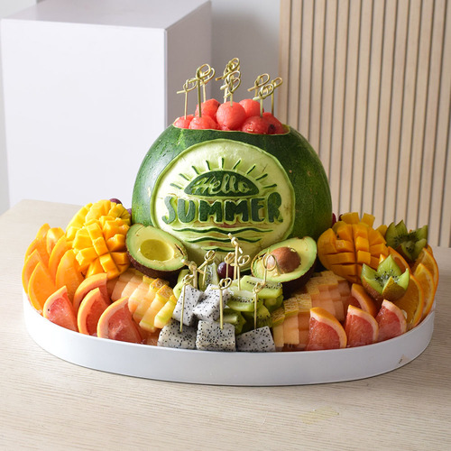 Hello summer - tray
  of fresh fruits with watermelon carving.