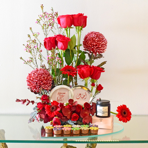 you + me 3 - mirror
  tray with chocolates, Picture Frame, scented Candle and fresh roses, gerbera
  deco penia, baby roses and wax flowers.