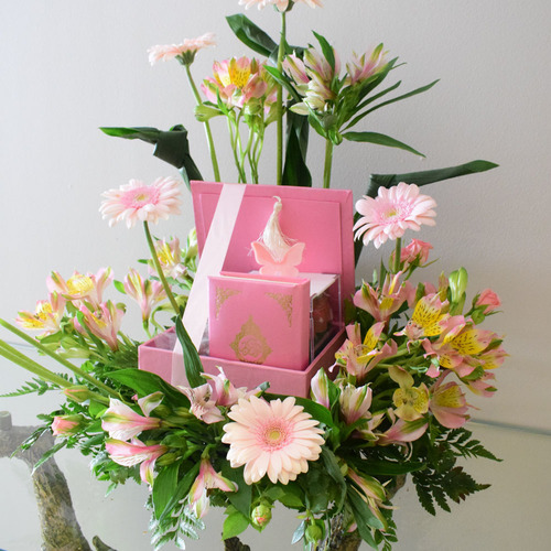 The Quran Gift - Quran Box with Acrylic box of mix chocolates, with a decoration of fesh gerbera, astromeria and baby roses flowers