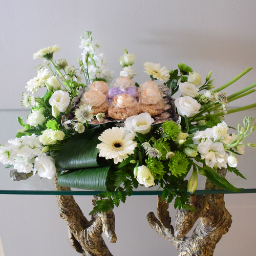 2026 - LOVE 5 - silver
  tray with scented candles Design with mix rose chocolates and mixchocolates,
  freshwhite gerbera,matiola, lisianthus, crysanth button and wax flowers.