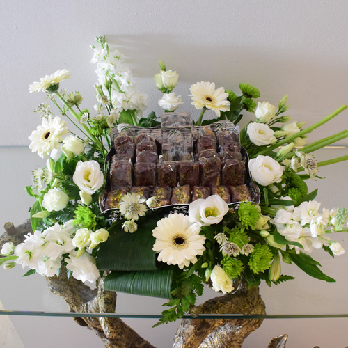 2026 - Ramadan - silver
  tray with crysral Masjid Ramadan Design with mix Dates and chocolates,
  freshwhite gerbera,matiola, lisianthus, crysanth button and wax flowers.