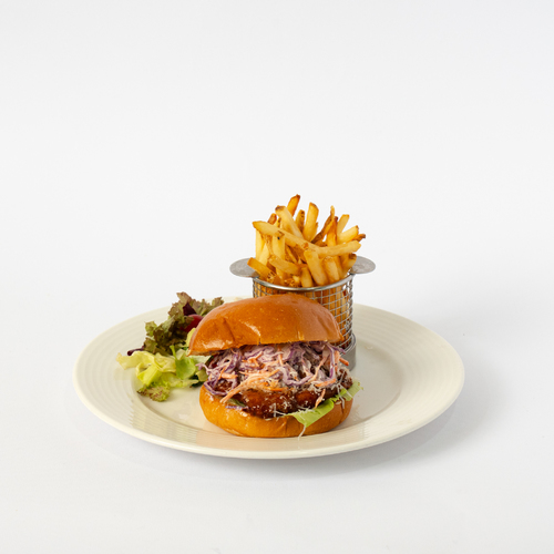 Tonkatsu Burger - Breaded
  chicken breast with Tonkatsu sauce and mixed Japanese coleslaw salad. Served with fries on the side