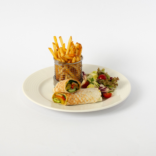 Zahra Sandwich - A
  flavorful veggie sandwich with grilled portobello mushrooms, roasted red
  peppers, zucchini, fresh spinach, and creamy hummus, served on hearty whole
  grain bread.* Served with fries on the side