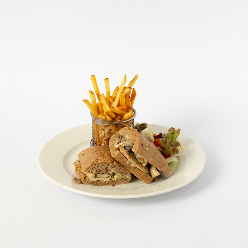 Chicken Paillard Sandwich - Tender
  chicken paillard, sauted mushroom & celery and our signature tarragon
  sauce on multi-cereal bread. Served with fries on the side