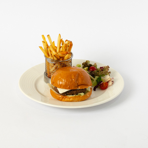 Beef Burger - Juicy
  beef patty, white cheddar cheese, lettuce, and our secret sauce. Served with fries on the side.