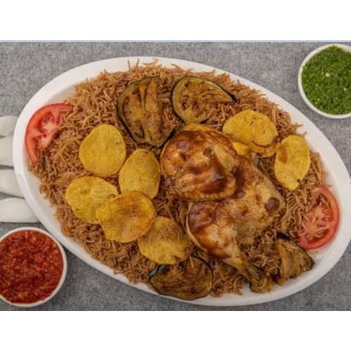 Chicken Modamera Platter - Half chicken, served with rice, maabouj, broth and modamera sauce.