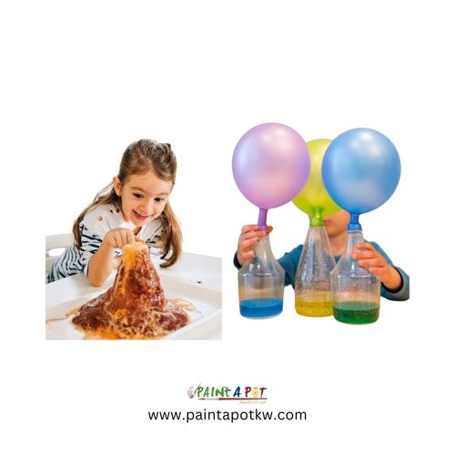 Balloon Blowing & Volcano Making - You can use this fun activity to talk about how things work together. they will start with coloring the volcano. while the volcano drying they will blowing up the balloons using the bottle. after that, they will start the volcano experiment.