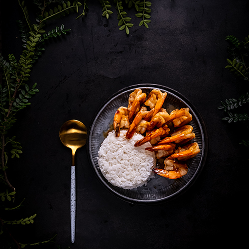 ترياكي روبيان - ترياكي روبيان -  روبيان تقدم مع صلصة الترياكي يقدم مع الأرز الأبيض