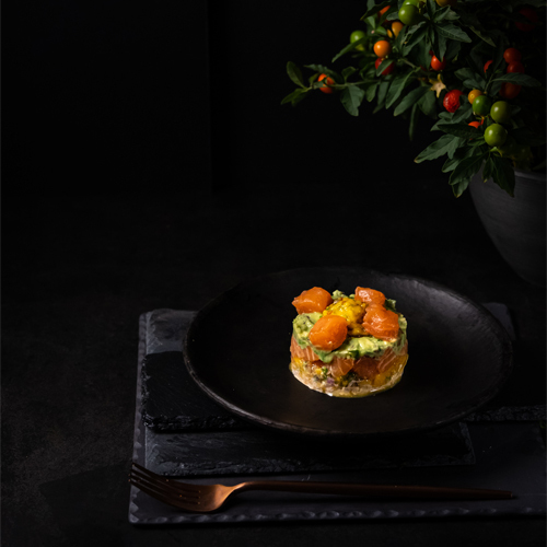 Salmon Tartar - Fresh Salmon with mango salsa , avocado salsa & spicy mayo