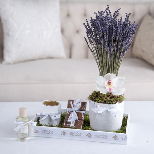 Lavender - Lavender, cymbidium, flot moss Belgian chocolate, perfume and mubkhar.