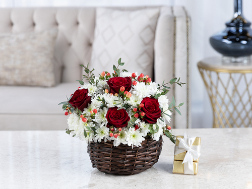 Royal Garden - Indiana - The bouquet contain a mix of flowers, gypsophilia and eucalyptus in addition to Belgian chocolates
Height: 30 cm , Width: 25 cm