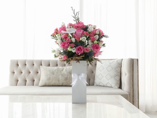 Jacek - The bouquet contains a mix of flowers in a wooden stand
Height: 70 cm, Width: 35 cm