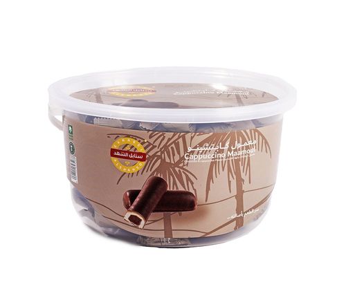 Maamoul Fingers with dates covered with chocolate, cappuccino flavor Sanabel Al Shahd - the ingredients 
 Flour - date paste - sugar - vegetable oil (palm) - cocoa butter substitute Skimmed milk powder - cocoa powder - glucose - corn