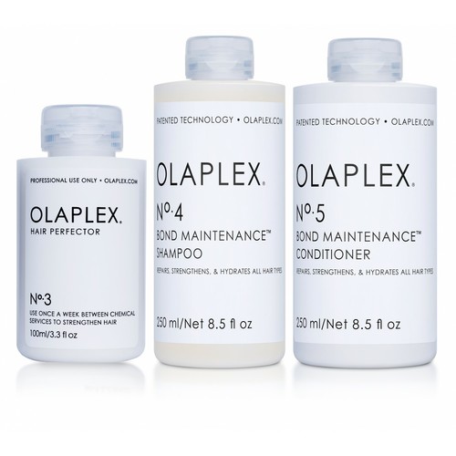 Olaplex set - The set consists of:
1X OLAPLEX NO. 3 HAIR PERFECTOR 100ML
The OLAPLEX NO. 3 repairs the hair and prepares it optimally for the next chemical treatment. The broken disulfide bridges are rebuilt and the hair is repaired from the inside out. Olaplex No. 3 strengthens the hair and gives it back its natural shine. The Hair Perfector can be used once a week. With extremely poor hair structure, it can also be used twice.
1X OLAPLEX NO. 4 BOND MAINTENANCE SHAMPOO 250ML AND NO. 5 CONDITIONER 250ML
The Olaplex series is complete and can now be integrated into the daily care. Olaplex presents the first shampoo and first conditioner with the patented original Olaplex active ingredient Bis-Aminopropyl Diglycol Dimaleate. Both products are 100% vegan, free from sulphates and parabens, as well as gluten-free and Color Safe. Suitable for all hair types.