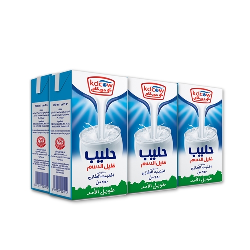 Kdcow - Long Life Low Fat Milk 250 Ml 6 Pieces - Low Fat UHT Milk From 100% Pure and Fresh Cow’s Milk
UHT – Treated & Homogenized
Enriched With Vitamins A & D3

 Ingredients:
100% Fresh Cow’s Milk, Fat Max. 2%, Min. 8,5 % MSNF, Vitamins A & D3
No Water, Milk Powder, or Preservatives added
Will remain fresh & maintain its nutritional value and fresh taste until the expiry date under recommended storage temperature below 25°C provided that package integrity is maintained.
Refrigerate after opening and consume within 3 days Expiry life: 6 months of production date