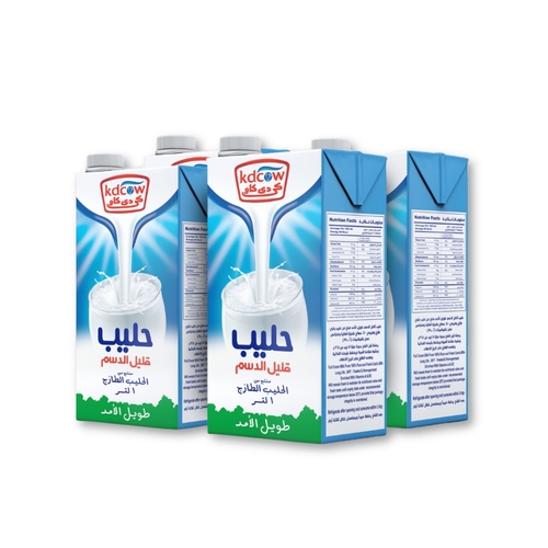 Kdcow - Long life Low Fat Milk 1 Liter 4 Pieces - Low Fat UHT Milk From 100% Pure and Fresh Cow’s Milk
UHT – Treated & Homogenized
Enriched With Vitamins A & D3

 Ingredients:
100% Fresh Cow’s Milk, Fat Max. 2%, Min. 8,5 % MSNF, Vitamins A & D3
No Water, Milk Powder, or Preservatives added
Will remain fresh & maintain its nutritional value and fresh taste until the expiry date under recommended storage temperature below 25°C provided that package integrity is maintained.
Refrigerate after opening and consume within 3 days Expiry life: 6 months of production date