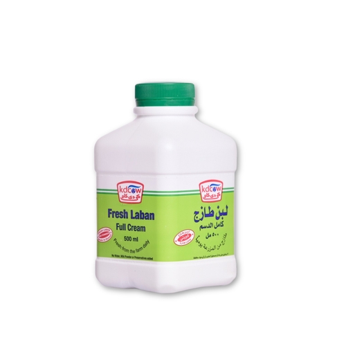 Full Cream Fresh Laban 500 Ml - Fresh Laban Full Cream From 100% Fresh Cow’s Milk Pasteurized & Homogenized Ingredients: 100% Fresh Cow’s Milk, Fat 3% min, Min. 8.5% MSNF , Culture, Vitamins A & D3 Keep Refrigerated (0 to 5 ºC ) Shake Well Before Opening 
 Expiry life: 10 days of production date