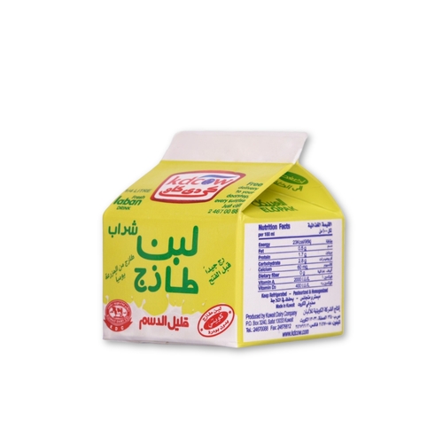 Kdcow - Low Fat Fresh Laban Drink 250 Ml - Laban Drink Low Fat From 100% Fresh Cow's Milk, Min. Fat 0.5%, Min. 6% MSNF Ingredients: 100% Fresh Cow's Milk, Culture, Approved Emulsifiers & Stabilizers: Cellulose Gum(E 466), Guar Gum(E 412), Max. 1% Salt, Purified Water, Vitamins A & D3 Pasteurized & Homogenized  Keep Refrigerated (0 to 5°C) 
 Expiry life: 6 Days of production date