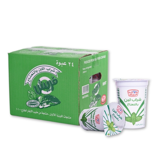 Fresh Laban With Mint 200 ml  24 Pieces - Laban Drink Low Fat From 100% Fresh Cow’s Milk, Min. Fat  0.5% , Min. 6% MSNF Pasteurized & Homogenized Ingredients: 100% Fresh Cow’s Milk, Culture, Approved Emulsifiers & Stabilizers: Cellulose Gum (E 466), Guar Gum (E 412 ) , Max. 1% Salt, Purified Water, Vitamins A & D3 Keep Refrigerated ( 0 to 5°C ) Shake Well Before Opening 
 Expiry life: 14 days of production date