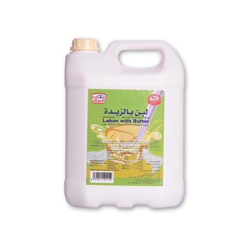 Laban With Butter 5 Liter - 100% Pure Fresh Cow Milk, Fat 3% min , Min 8.2% Msnf, vitamin A, D3 And Fresh Butter no water, milk powder or preservatives added. Recommended Storage : 0°C to 5°C 
 Expiry life: 6 Days of production date