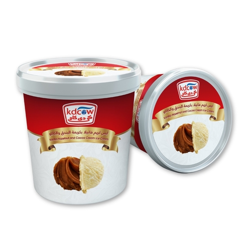 Kdcow - Ice Cream Vanilla Hazelnut And Cocoa Cream 1 Liter - Vanilla Hazelnut and Cocoa Cream Ice Cream Min. 475 g, Pasteurized Min. 12 ?t in Ice Cream, Min. 30 % Total Solids Contains Soy and Nuts Ingredients: Fresh Cow's Milk, Sugar, Butterfat, Vegetable Fat (Palm Oil), Glucose ,Milk Solids, Approved Emulsifiers & Stabilizers: Carob Bean Gum (E 410), Guar Gum (E 412), Vegetable Mono & Diglycerides of Fatty Acids (E 471), Vanilla Flavor, Hazelnut and Cocoa Cream (Sugar, Vegetable Oils and Fats (Sunflower, Palm), Hazelnut Paste (10%), Whey Powder, Cocoa Powder, Skimmed Milk Powder, Lactose, Milk Proteins, Emulsifier; Soy Lecithin (E322), Flavors), Approved Color: Annatto (E 160 b) 
 Keep Frozen Below (-18°c) 
 Expiry life: Year of production date