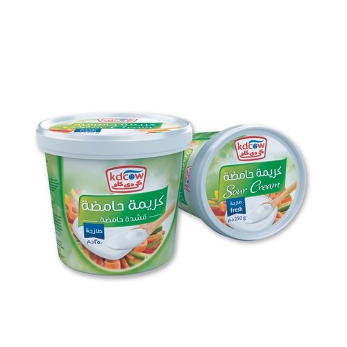 Kdcow - Sour Cream 250 gm - Fresh Fermented Cream From 100% Fresh Cow's Milk  Pasteurized & Homogenized  Contain Milk Ingredients: Fresh Cream From 100% Fresh Cow's Milk, Min.Fat 18%, Min. 8.2% MSNF, Milk Solids, Sugar, Culture, Approved Emulsifiers & Stabilizers: Carob Bean Gum (E 410), Vegetable Mono & Diglycerides of Fatty Acids (E 471), Sodium Citrate (E 331), Bovine Gelatine (E 441)  Keep Refrigerated (0 to 5 °C) 
 Expiry life: 9 Days of production date