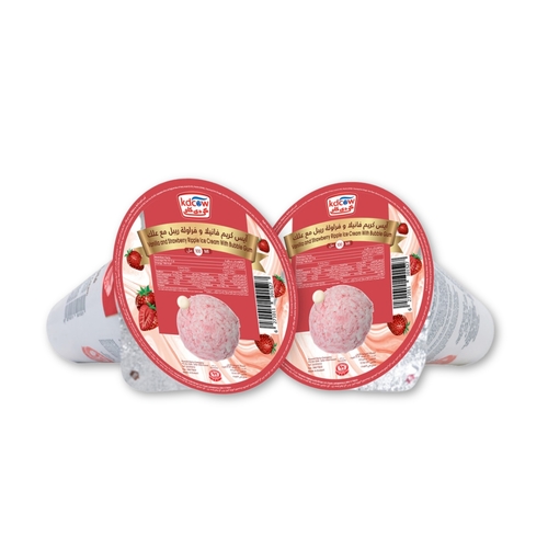 Kdcow - Ice Cream Strawberry Ripple With Bubble Gum Cups 100 Ml 30 Pieces - Vanilla and Strawberry Ripple Ice Cream With Bubble Gum
 Min. 47.5 g, Pasteurized
Min. Fat 10% in Ice Cream, Min. 30 % Total Solids
Ingredients:
Fresh Cow’s Milk, Sugar, Butterfat, Vegetable Fat (Palm Oil), Glucose, Milk Solids, Approved Emulsifiers & Stabilizers: Carob Bean Gum (E 410), Guar Gum (E 412), Vegetable Mono & Diglycerides of Fatty Acids (E 471), Pectins (E440 ), Chewing Gum (Sugar, Gum Base, Glucose Syrup, Antioxidant (E-320), Flavor), Nature Identical Vanilla & Strawberry Flavor, Approved Color Beetroot red (E162)
Keep Frozen Below (-18 ˚c) 
 Expiry life: 1 Year of production date