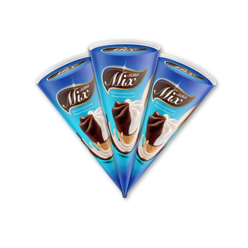 Ice Cream Vanilla Chocolate Cone MIX 120 Ml 24 Pieces - Vanilla Chocolate Ice Cream Filled in a Crispy Wafer Cone
Min. 75 g , Pasteurized
Min. Fat 10 %in Ice Cream, Min. 30 % Total Solids
Ingredients:
Fresh Cow’s Milk, Sugar, Butterfat, Glucose, Milk Solids, Approved Emulsifiers & Stabilizers: Carob Bean Gum (E 410), Guar Gum (E 412), Vegetable Mono & Diglycerides of Fatty Acids (E 471 ), Nature Identical Vanilla Flavor, Cocoa Powder, Biscuit ( Flour, Vegetable Fat, Sugar, Caramel, Lecithin ( E 322) From Rapeseed, Salt ), Chocolate ( Vegetable Oil, Sugar, Cocoa Powder, Emulsifier Soy Lecithin ( E 322), Flavor ).
Keep Frozen Below (-18 ˚c) Expiry life: Year of production date